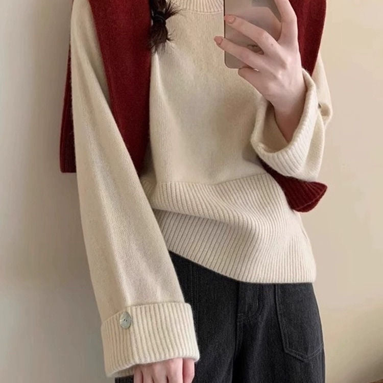 Women's Round Neck Pullover Thickened Niche Design Button Long Tops