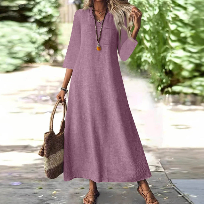 Zipper Sleeve Cotton Linen Solid Color Dress