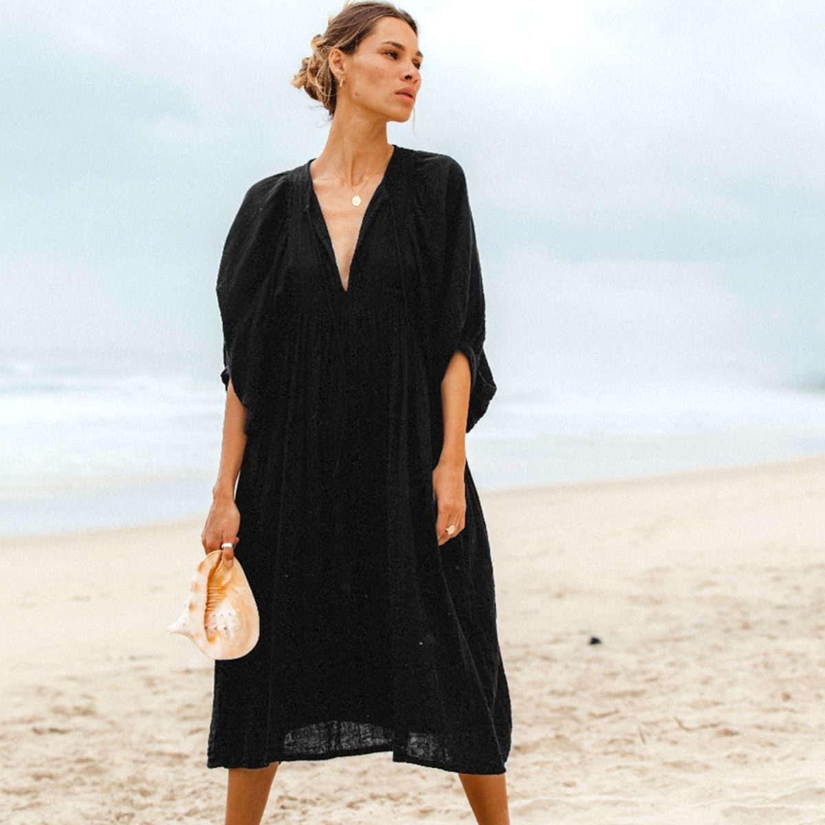 Large Loose Long Sleeve Lantern Casual Retro Solid Color Dress