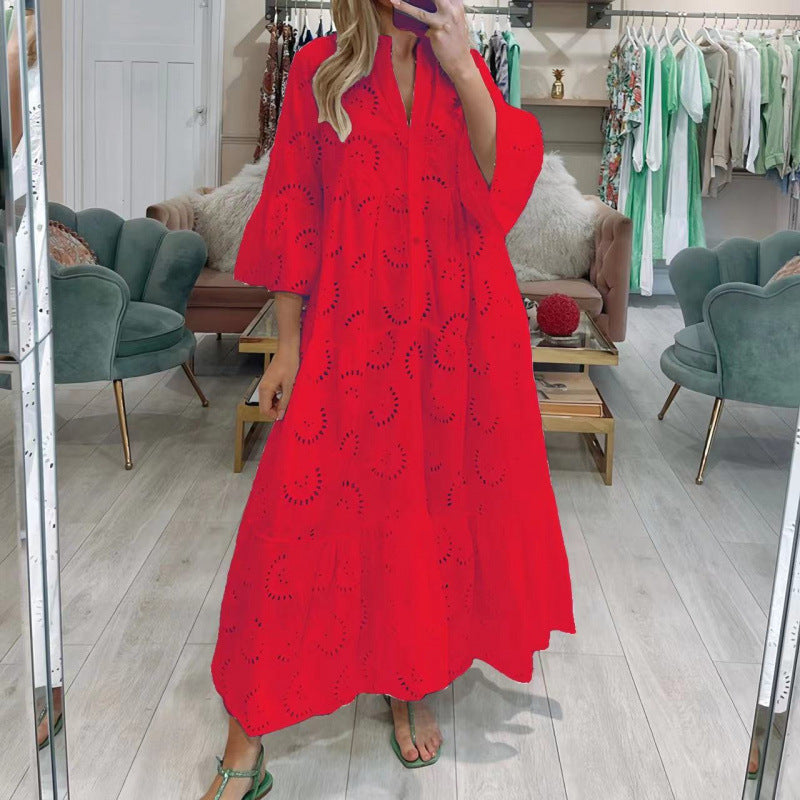 Women's Style Bell Sleeve Lace Solid Color Sexy Long Dresses