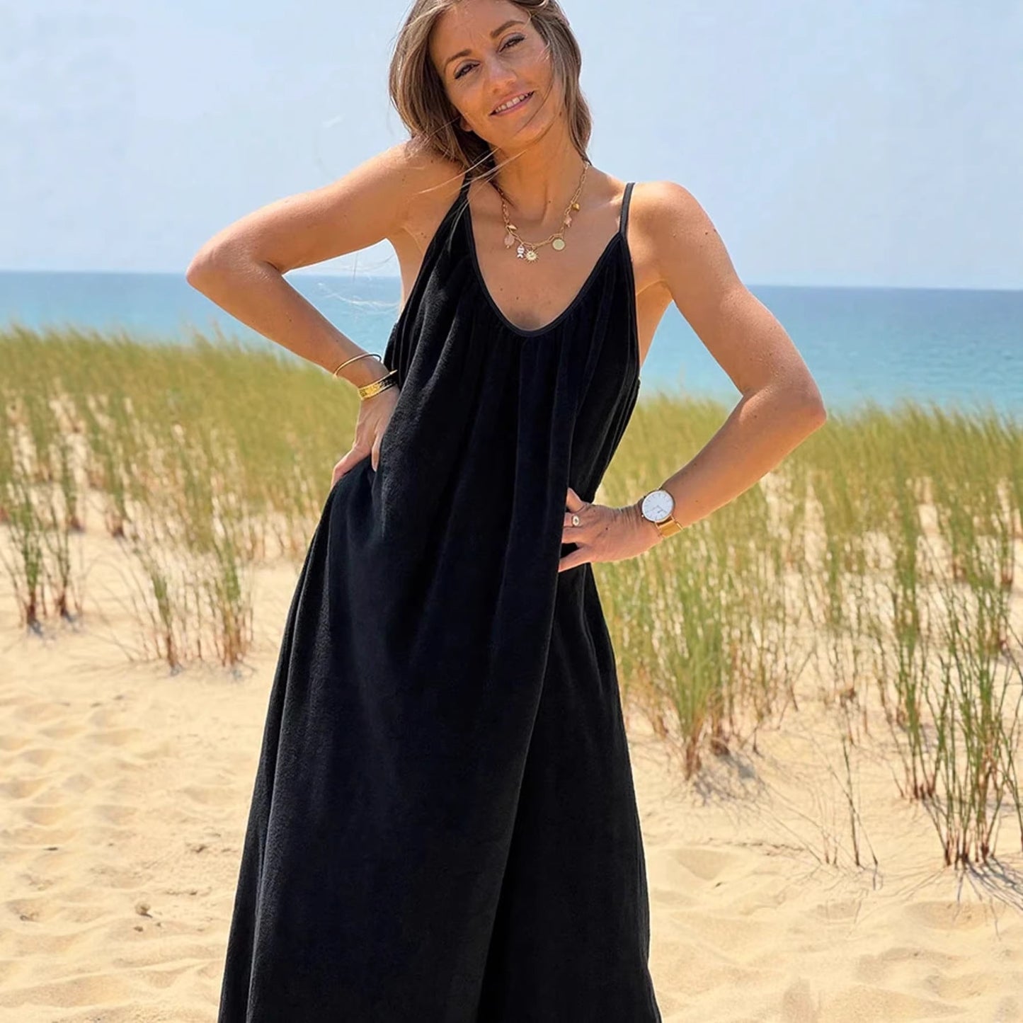 Women's Summer Loose Deep Sexy Backless Spaghetti Straps For Seaside Dress