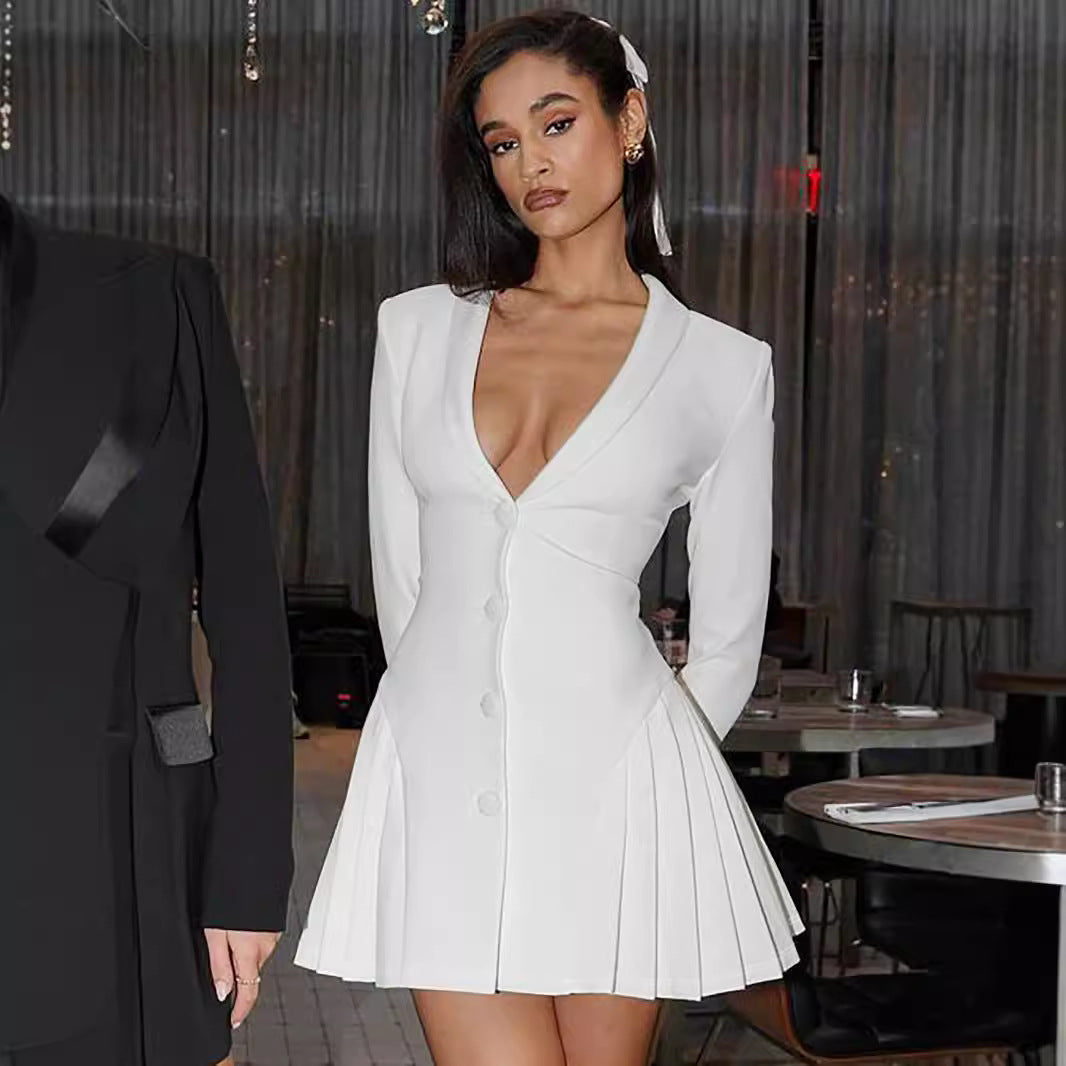 Women's Solid Color Long Sleeve Deep Sexy Pleated Button Dress