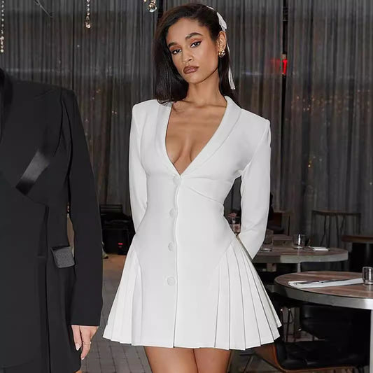 Women's Solid Color Long Sleeve Deep Sexy Pleated Button Dress