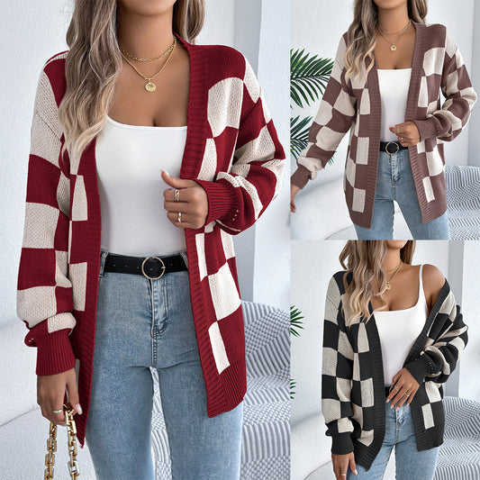 Versatile Women's Check Lantern Sleeve Mid-length Sweaters