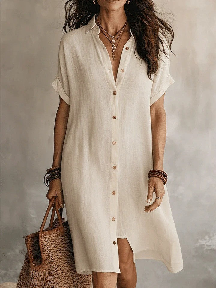 Cotton Linen Shirt Fashion Casual Short-sleeved Dress