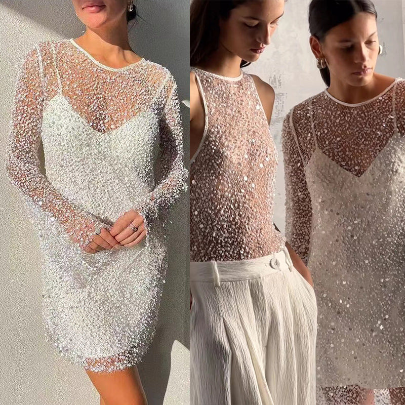 Women's Bubble Beads Mesh Two-piece Set Sling Dress