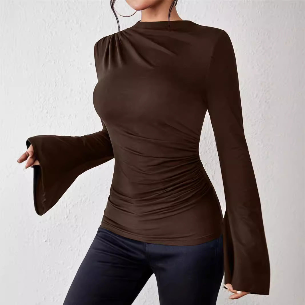Women's Design Sense Bell Sleeve Stand-up Collar Slim Blouses