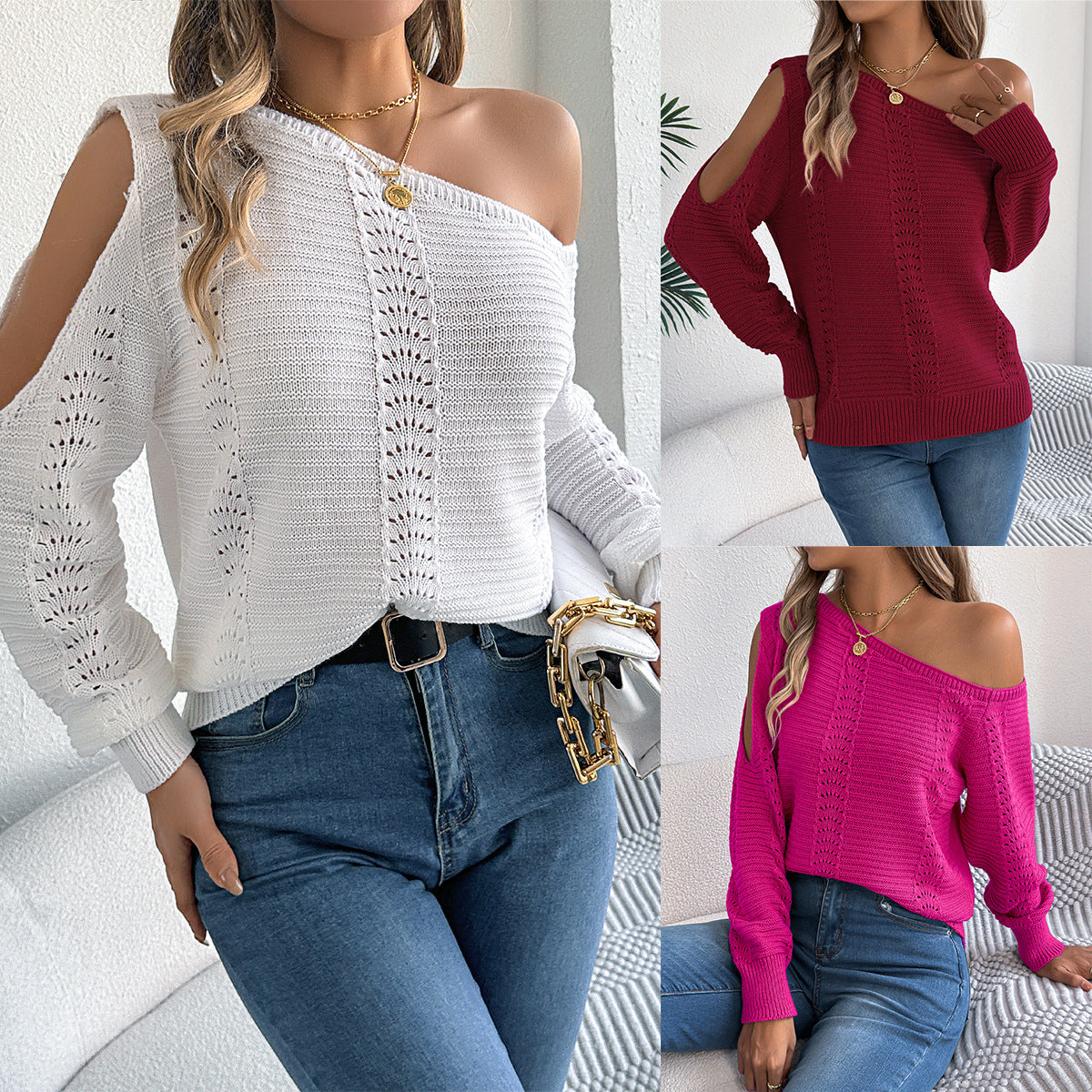 Women's Casual Solid Color Hollow Out Long Sleeve Sweater