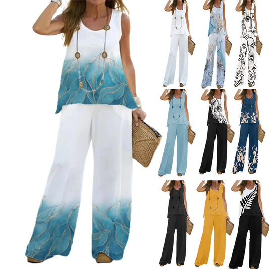 Women's Summer Printed Sleeveless Elastic High Waist Suits