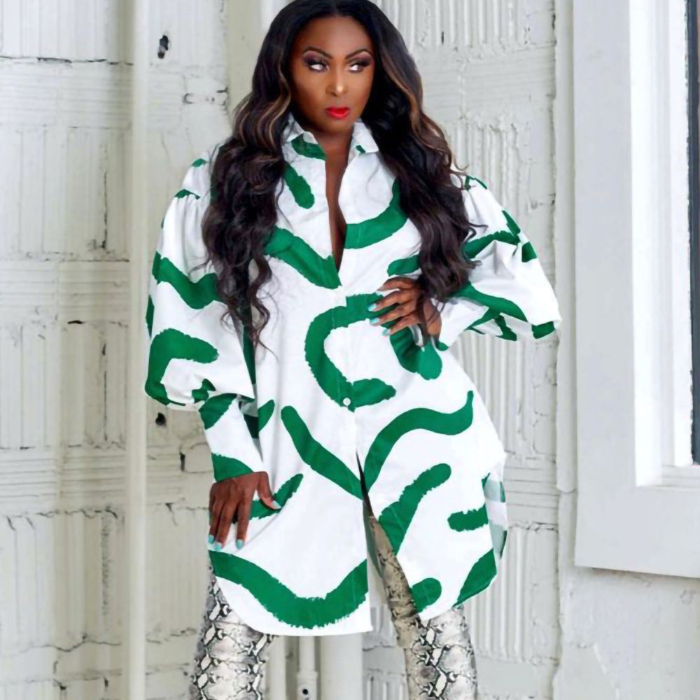 Loose Temperament Commuter Printing Lapel Shirt Dress