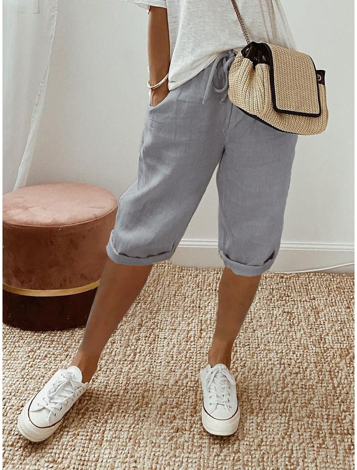 Women's Cotton Linen Pocket Slacks Five Pants