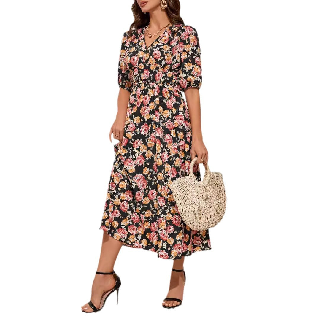 Classy Women's Summer Fashion Printed Waist Dress