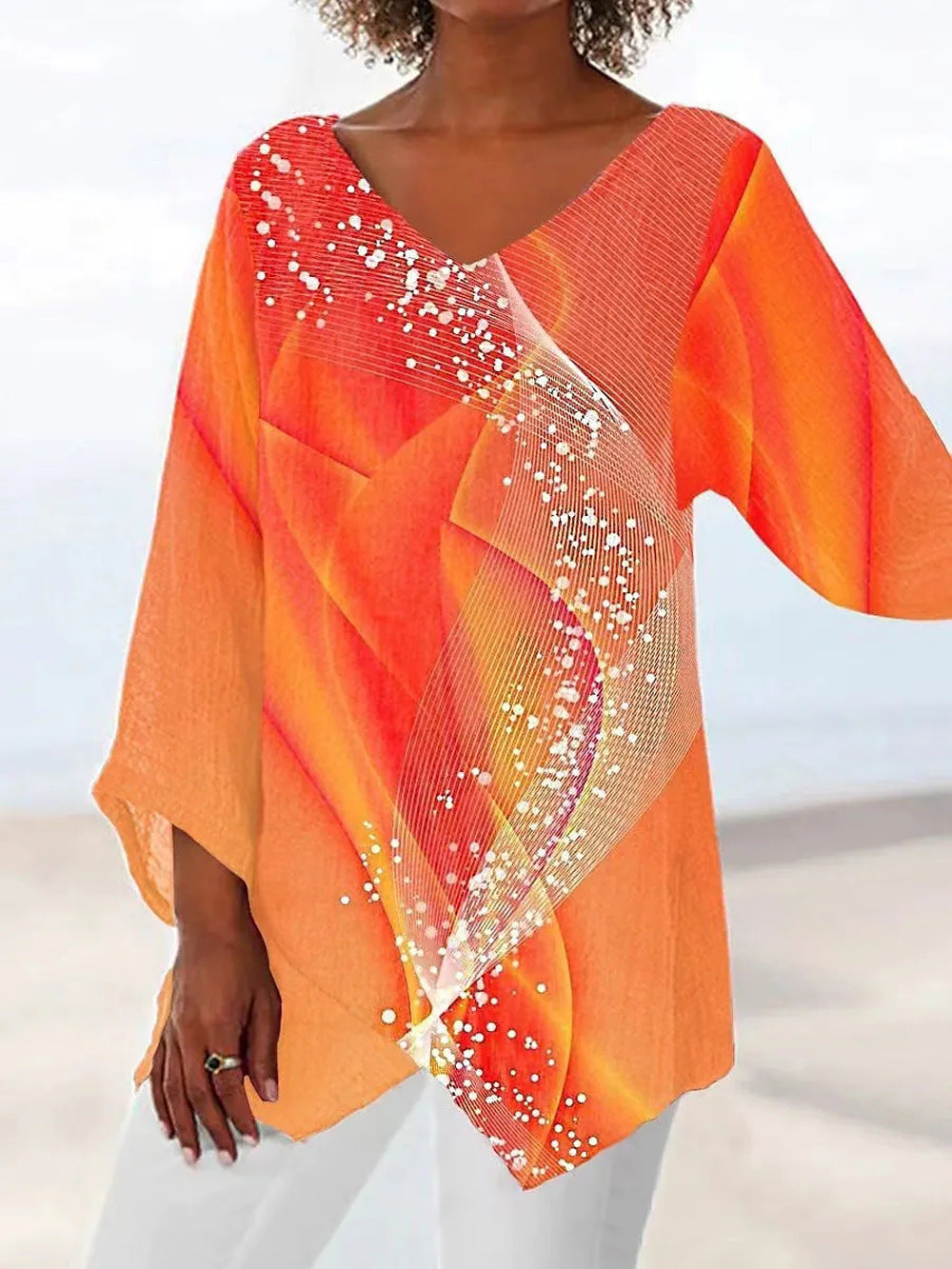 Women's Leisure Loose Irregular Printed Long Sleeve Blouses