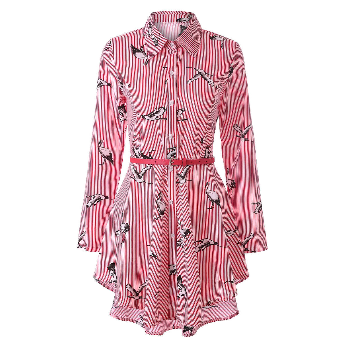 Women's Long-sleeved Striped Shirt Single-breasted Belt Elegant Dress
