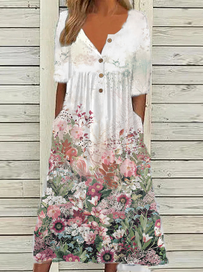 Women's Printed Pocket Clinch Long Dress Plus Size