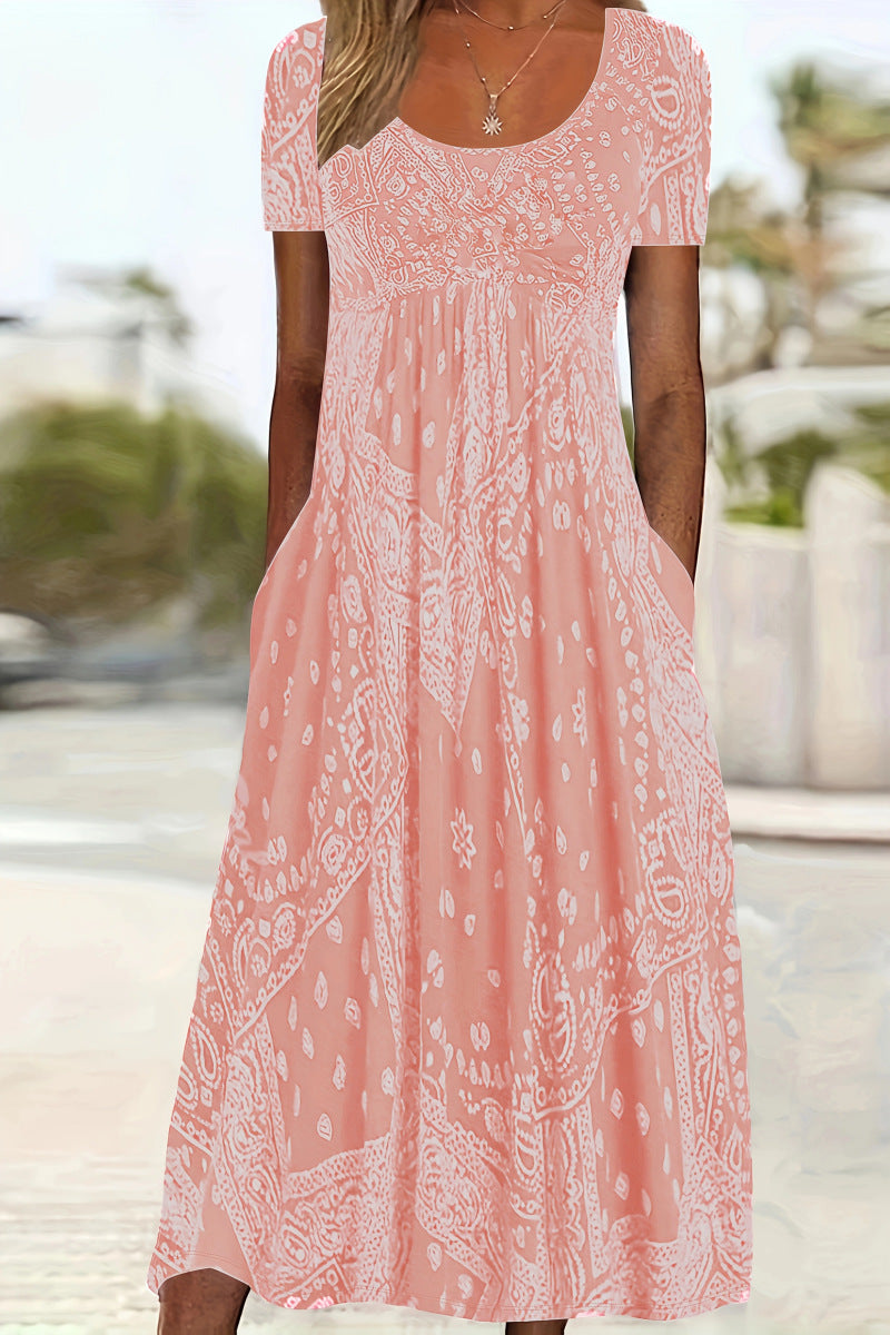 Round Neck Vintage Printed Comfort Casual Style Dress