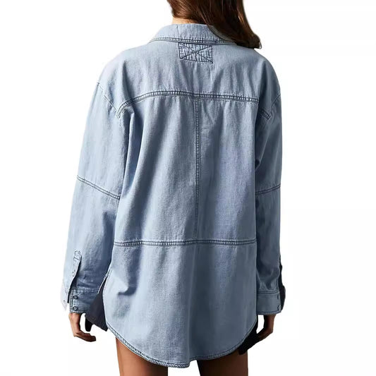 Women's Fashionable Casual Figure Flattering Denim Long-sleeved Blouses