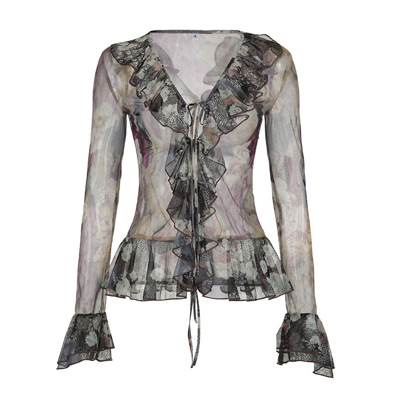 Women's Vintage Blooming Printed Mesh T-shirt Retro Blouses
