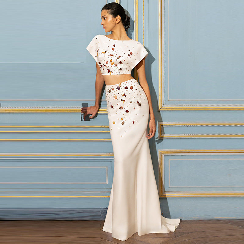 Shell Beads Rhinestones Fishtail Mid-length Dress Fashion Casual Suit