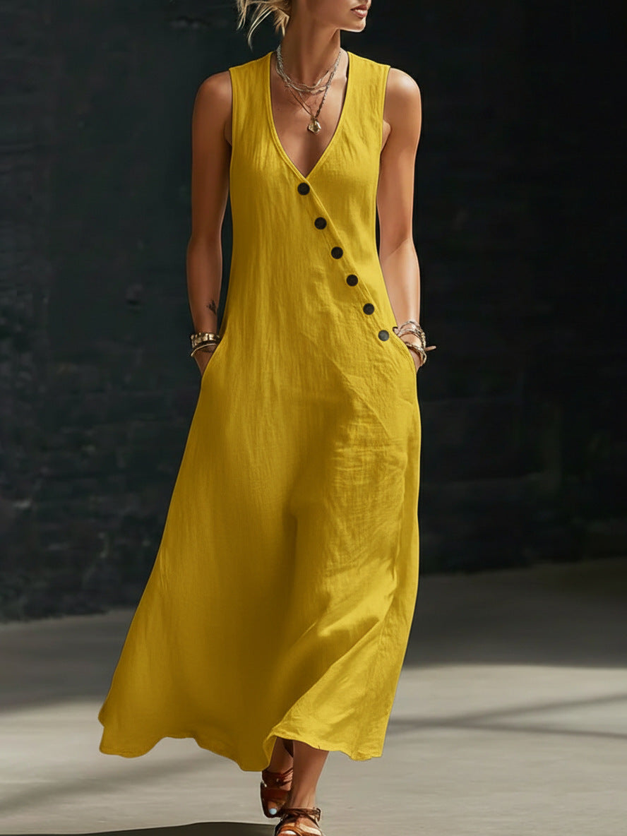 Idle Style Double-breasted Cotton Linen Sleeveless Dress