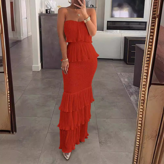 Goddess Tube Smocking Pleated Slim Fit Dresses