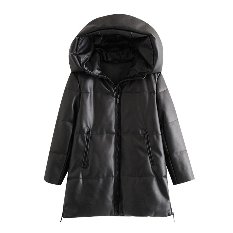Women's Thick Warm Faux Leather Parka Hooded Coats