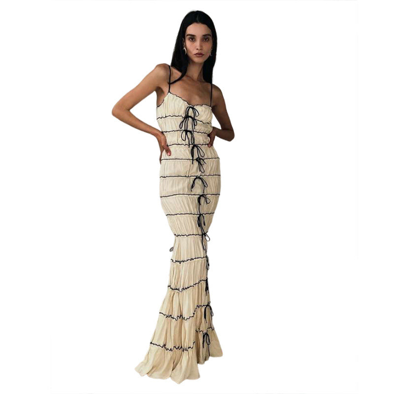 Women's Style Pleated Waist Trimming Spaghetti Straps Clothing
