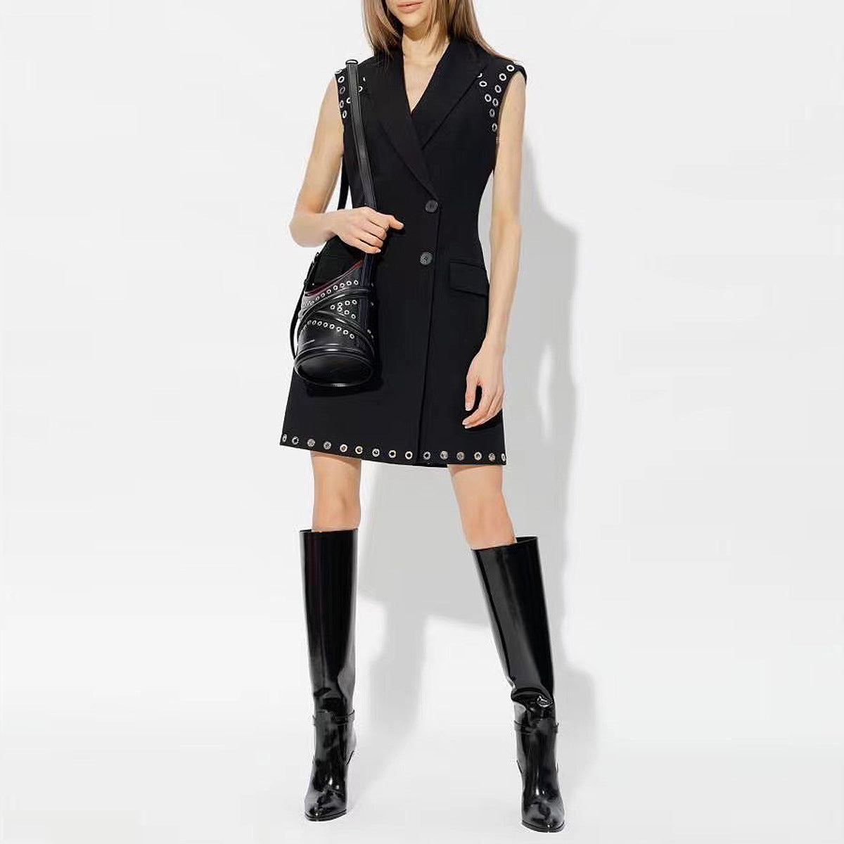 Women's Solid Color Perforated Sleeveless Slim Fit Temperament Dresses