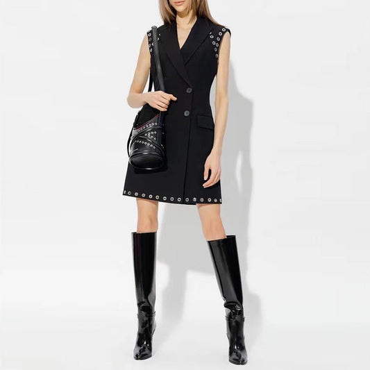 Women's Solid Color Perforated Sleeveless Slim Fit Temperament Dresses