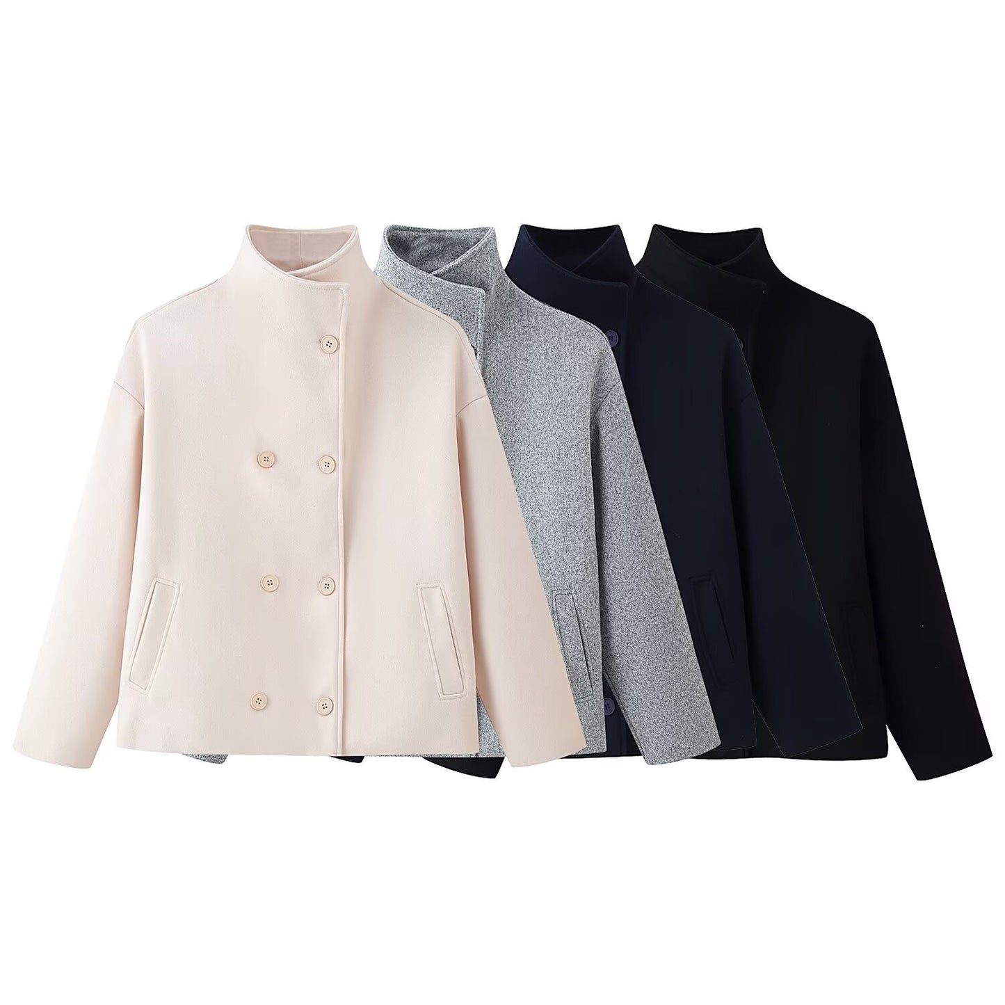Women's Double-breasted Solid Color Woolen Fabric Lapel Coats