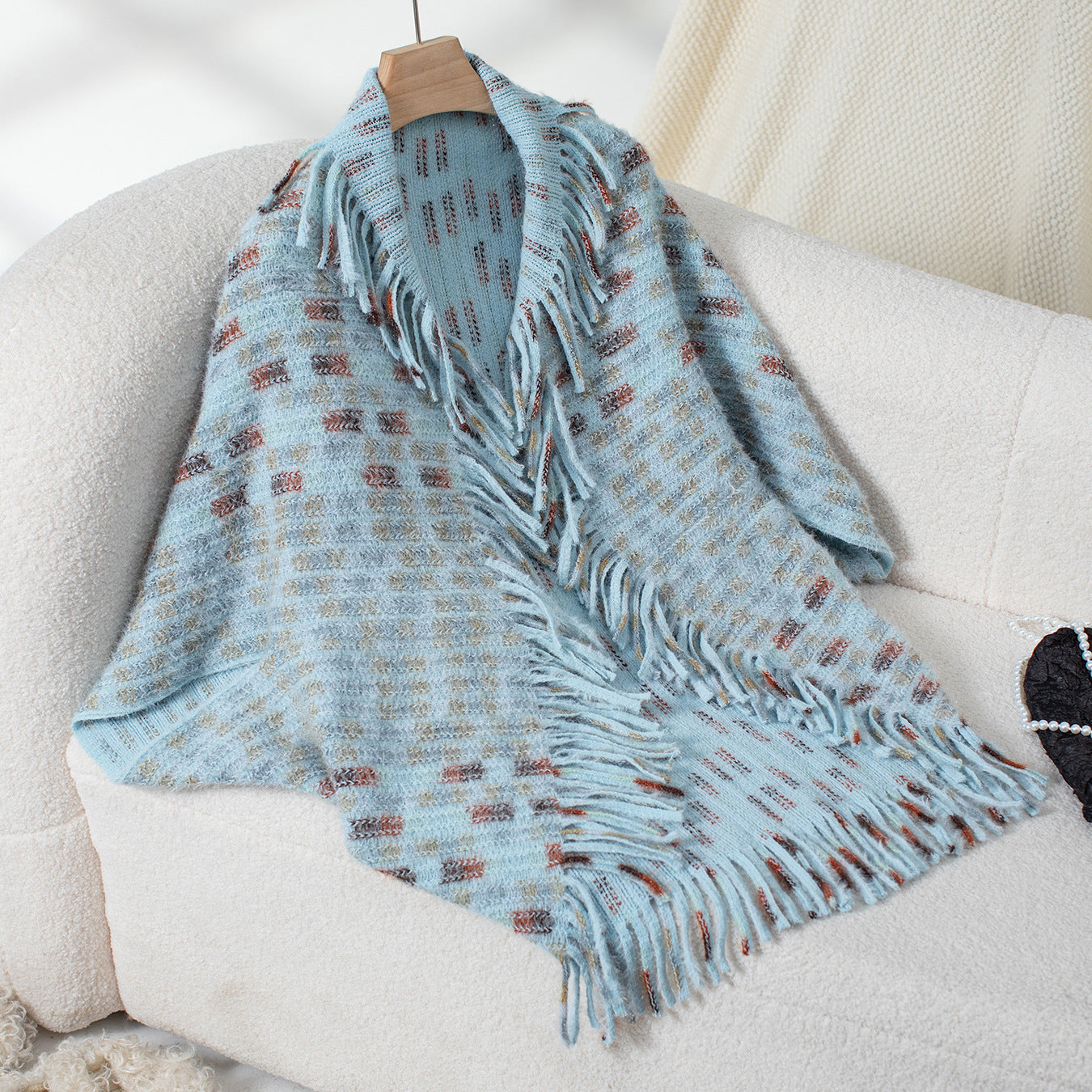 Women's Colored Plaid Knitted Tassel Shawl Casual Loose Women's Sweater