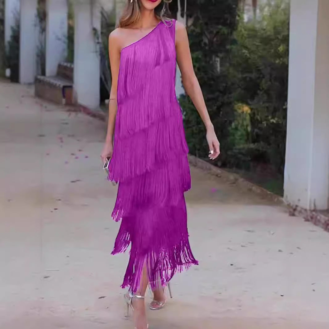 Trendy Fashion Tassel Shoulder Asymmetric Dress Dresses