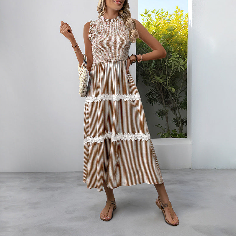 Women's Sleeveless Long Jumper Dress Smocking Striped Dresses