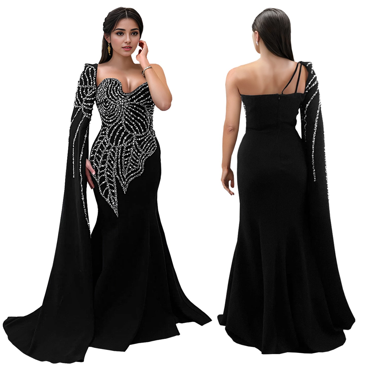 Women's Rhinestone Long Dress Black Mermaid Shawl Dresses