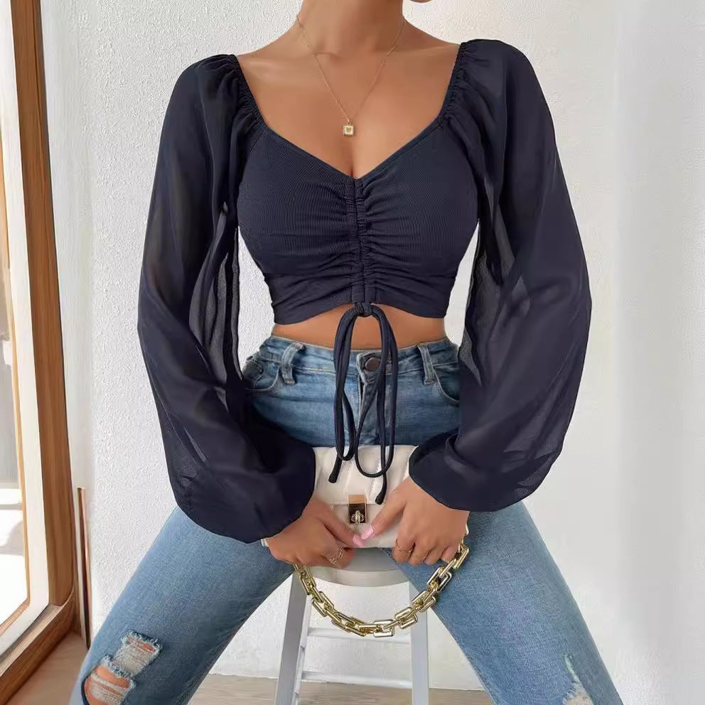Women's Sexy Stitching Chiffon Drawstring Lantern Sleeve Tops