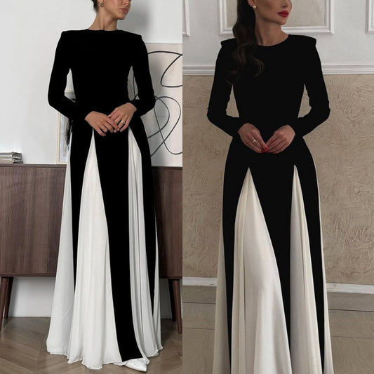 Women's Neck Contrast Color Long Sleeve High Waist Dresses