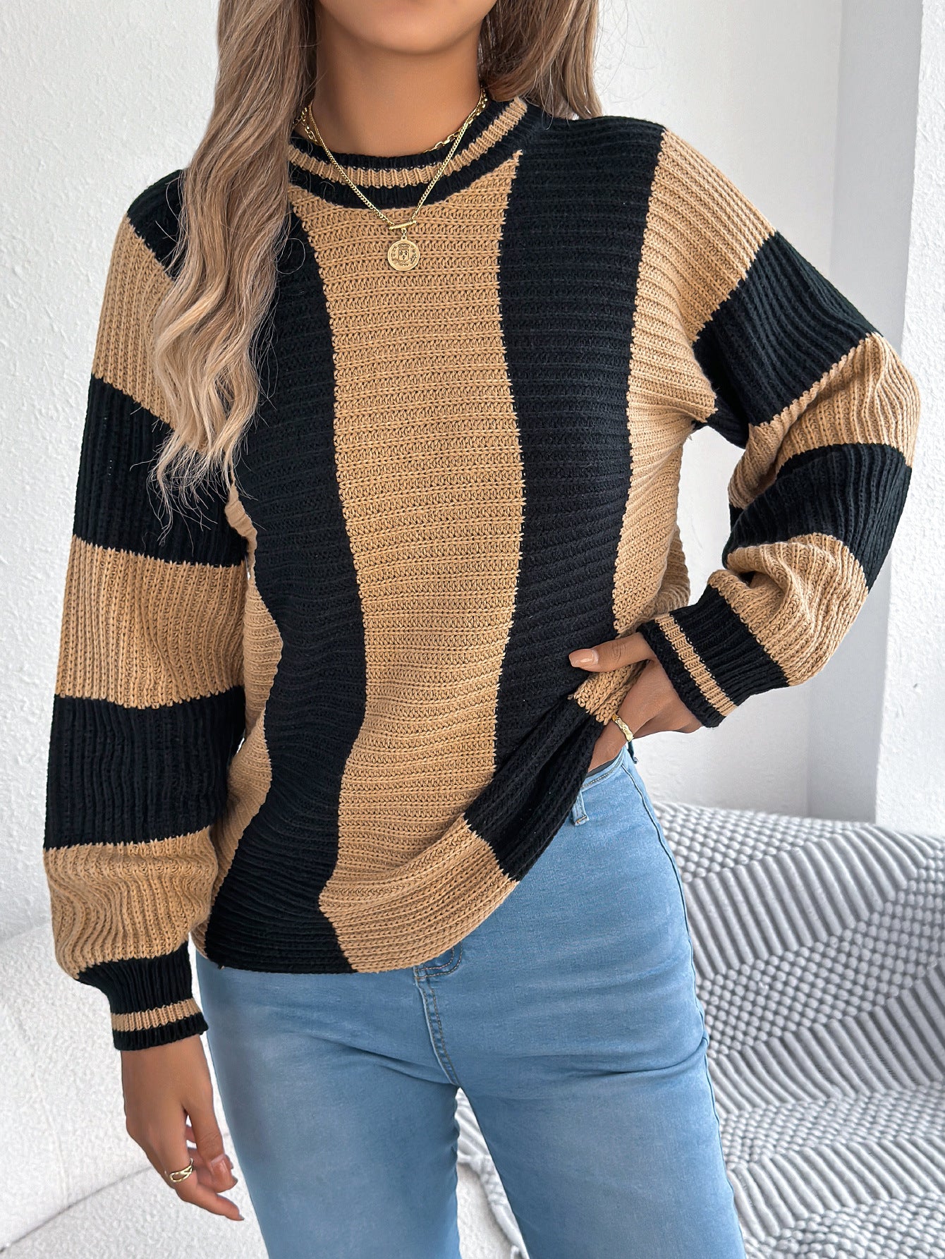 Women's Casual Contrast Color Striped Lantern Long Sleeve Sweater