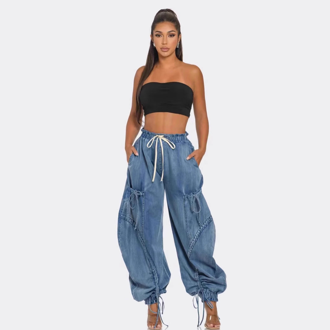Women's Elastic Waist Drawstring Bow Loose Slimming Jeans