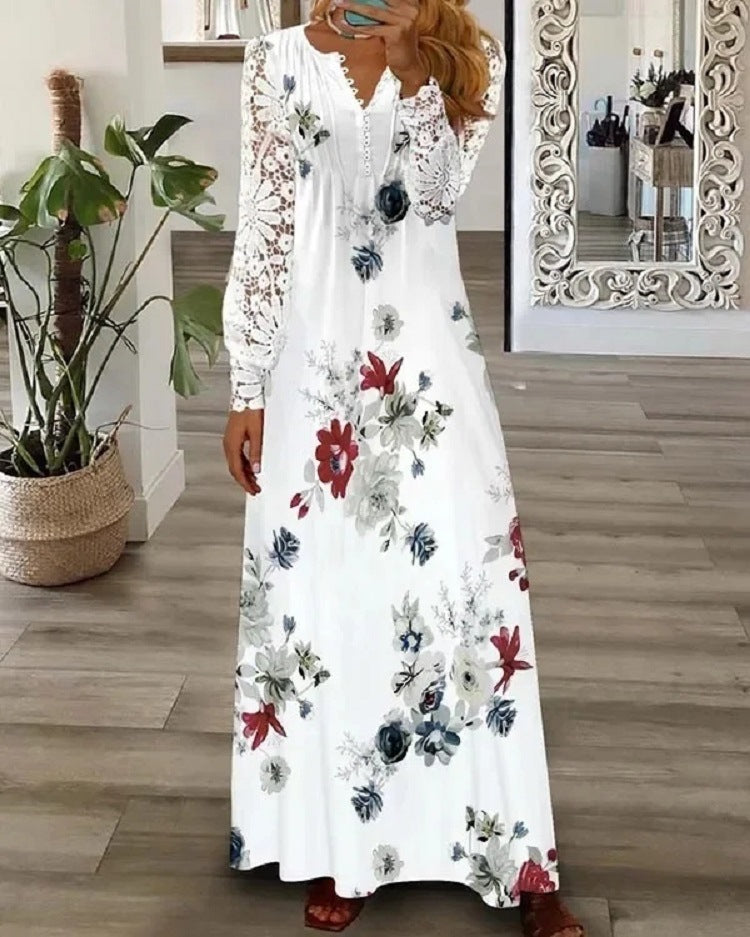 Women's Autumn Fashion Printed Lace Long-sleeved Clothing