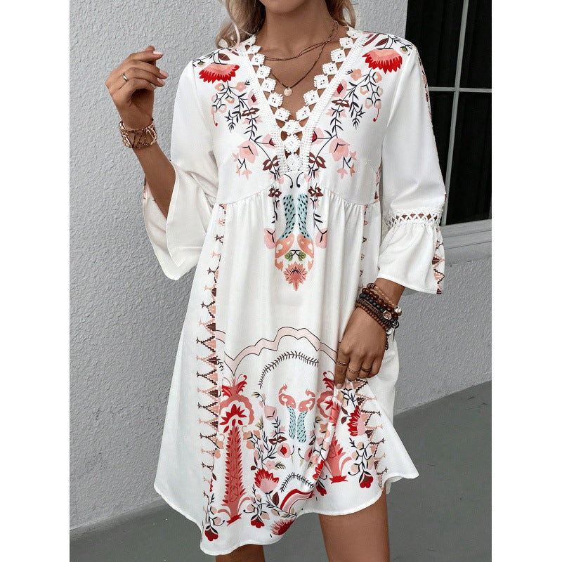 Women's Summer Lace Stitching Casual Printed Dress Dresses