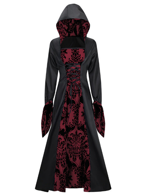 Retro Palace Style Long Sleeve Hooded Wide Hem Printed Dress