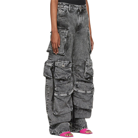 Street Hipster Fashion Smoky Gray Stitching Cargo Washed Pants