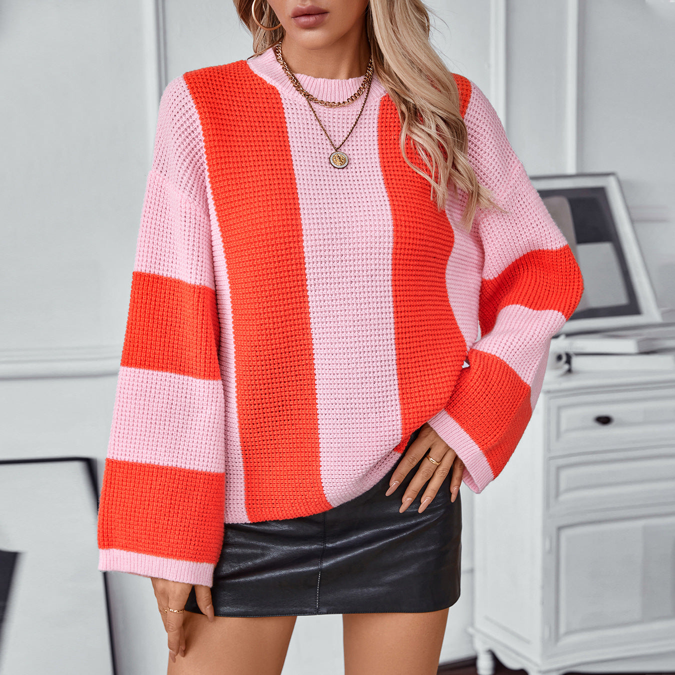 Women's Contrast Color Striped Casual Loose Pullover Sweater