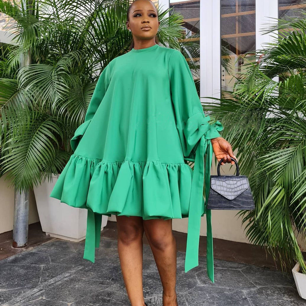 Autumn Loose Solid Color Puff Sleeve Dress