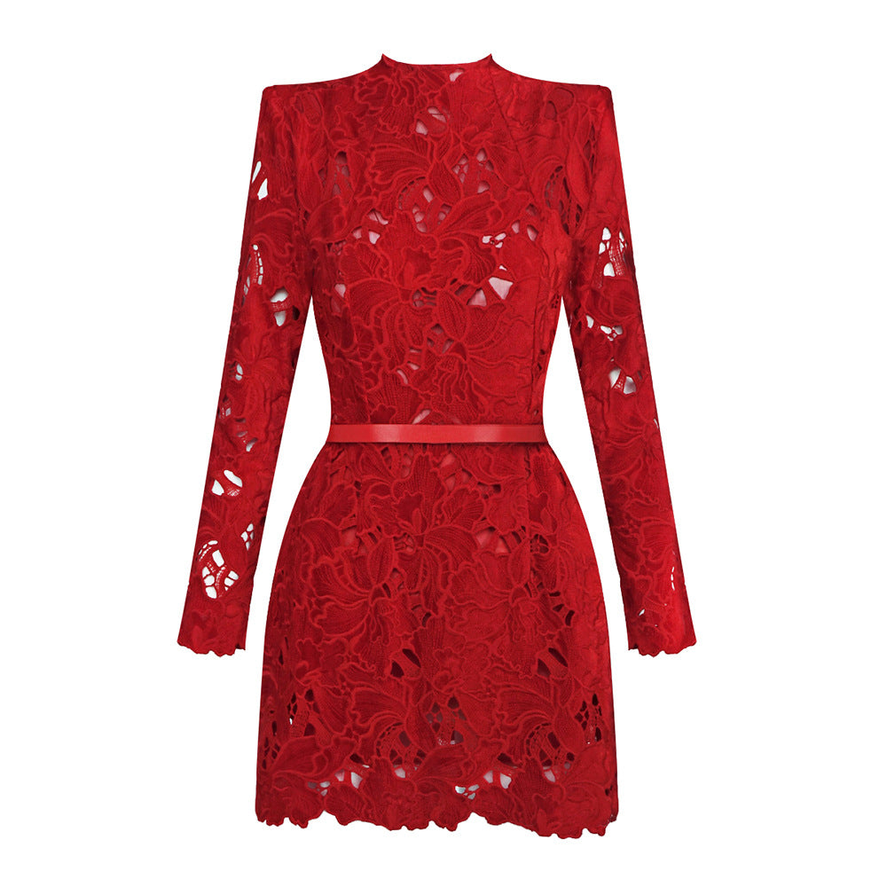 Women's Sleeve Zipper Lace Dress Red Christmas Dresses