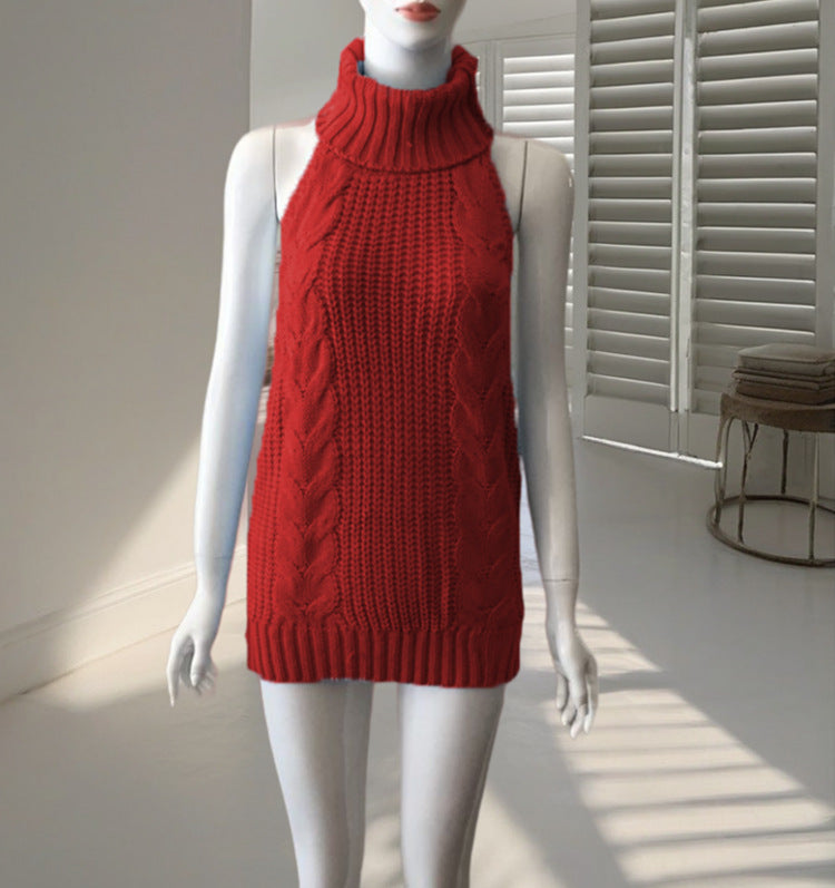 Spring Sexy Backless Turtleneck Sleeveless Knitted Pullover Women's Sweater