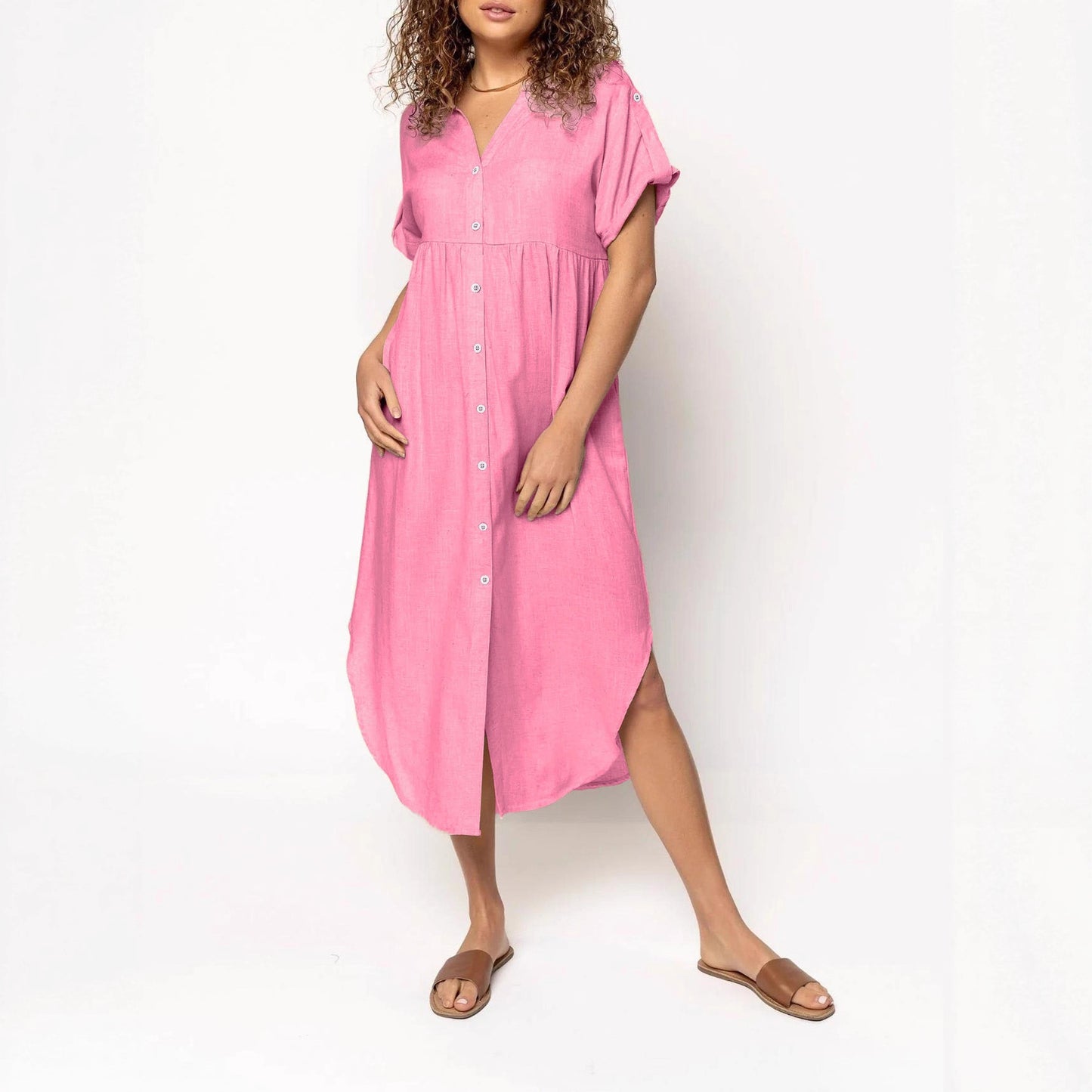 Loose Temperament Casual Solid Color Buttons Dress