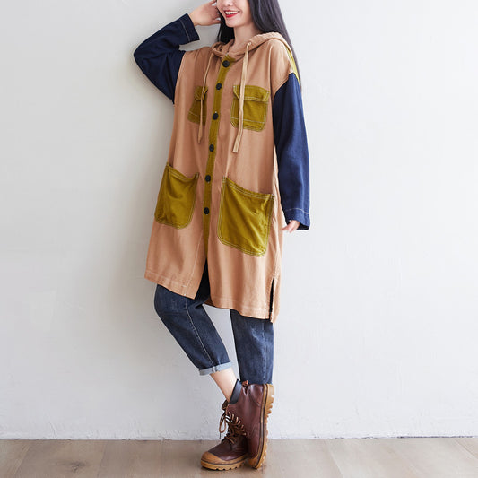 Personality Mid-length Hooded Loose Large Contrast Coats
