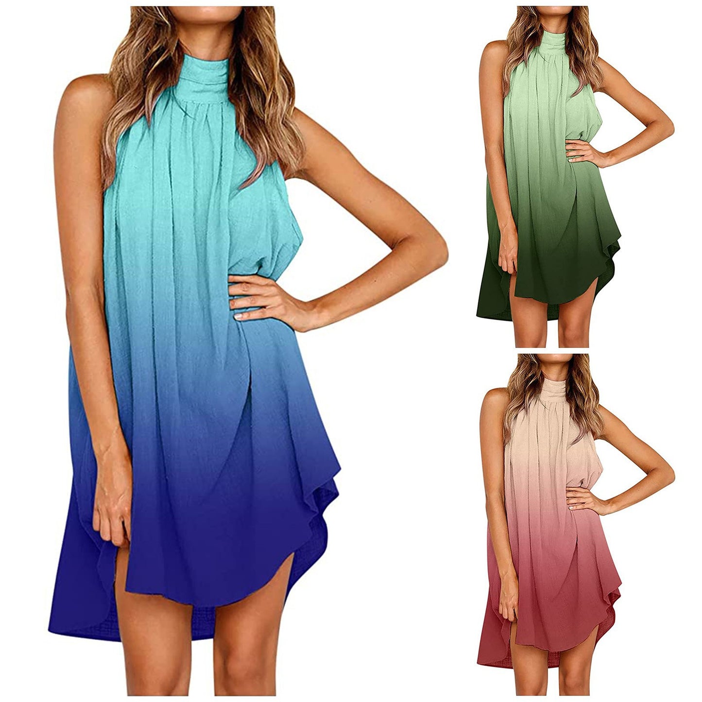 Women's Round Neck Pleated Gradient Printing Sleeveless Dress