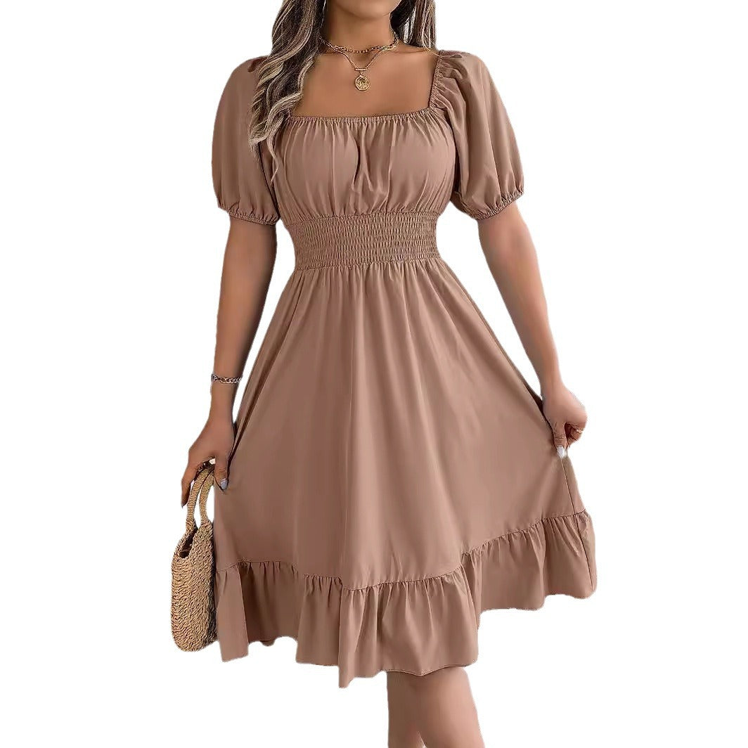 Women's Casual Square Collar Sleeve Waist Trimming Ruffles A- Dress